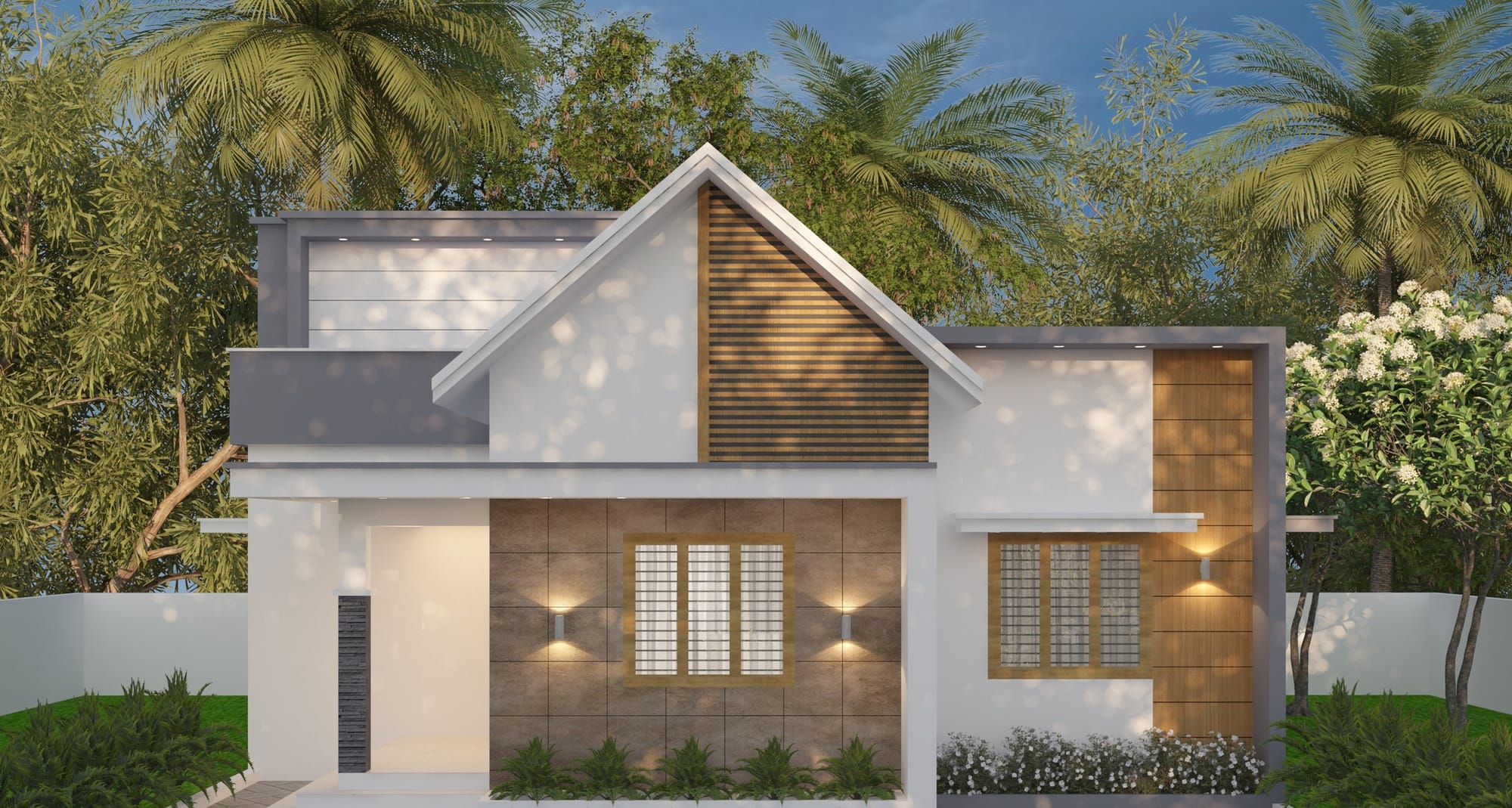 Residential design concept 01: a single-storey home with a pitched central gable, timber-look louvred screen and a stone-clad porch.