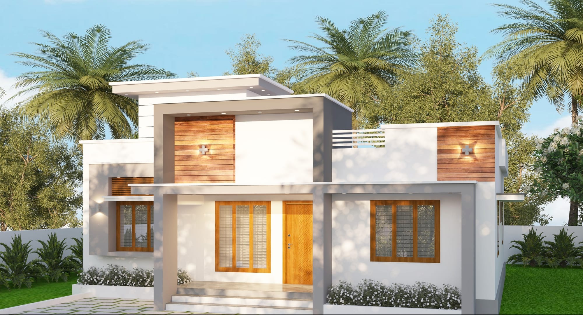Residential design concept 02: a two-storey home with flat rooflines, wood-panelled bays and a landscaped front garden.