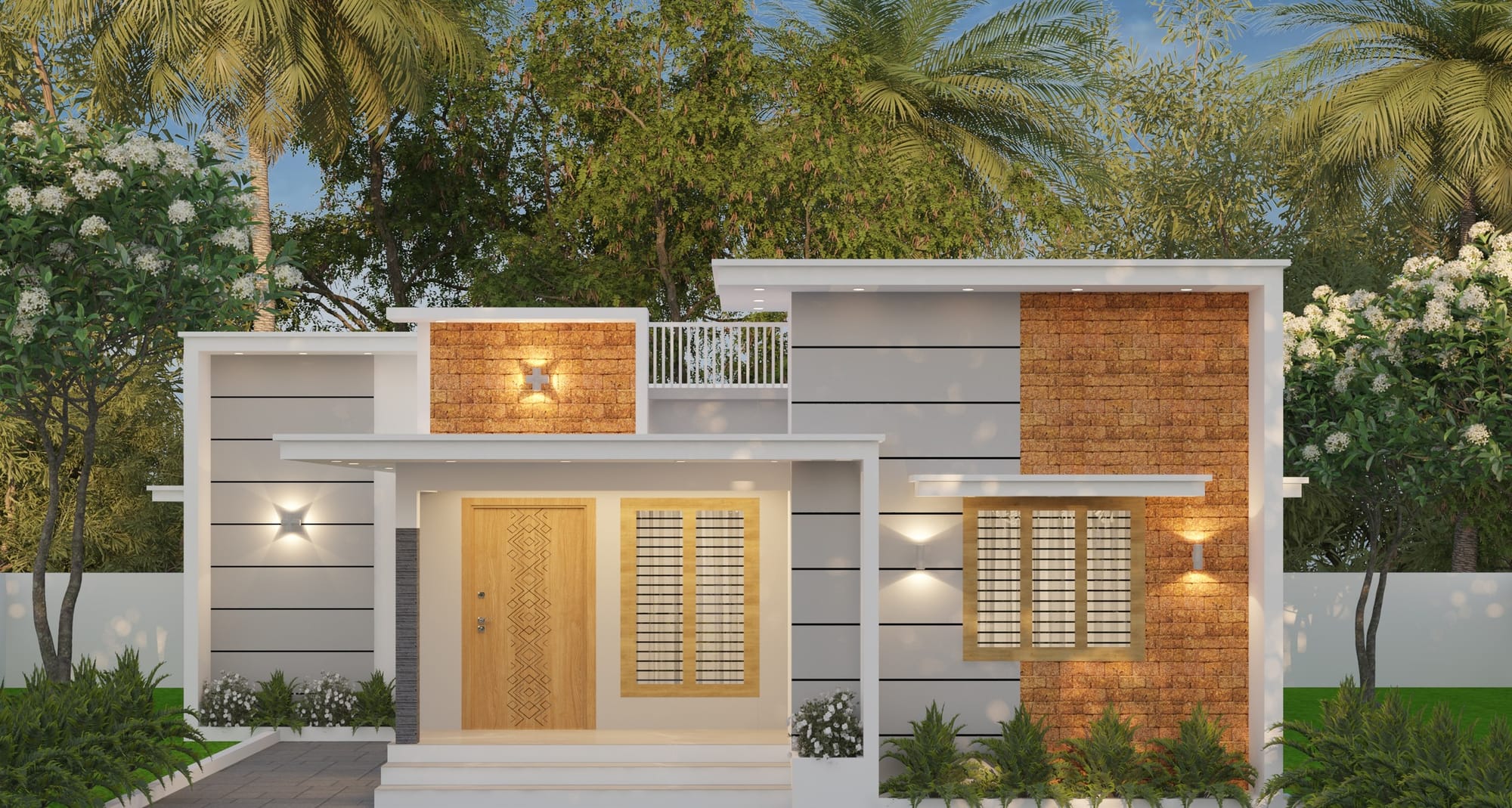 Residential design concept 03: a low-slung home with textured wall panels, a timber front door and planted borders.