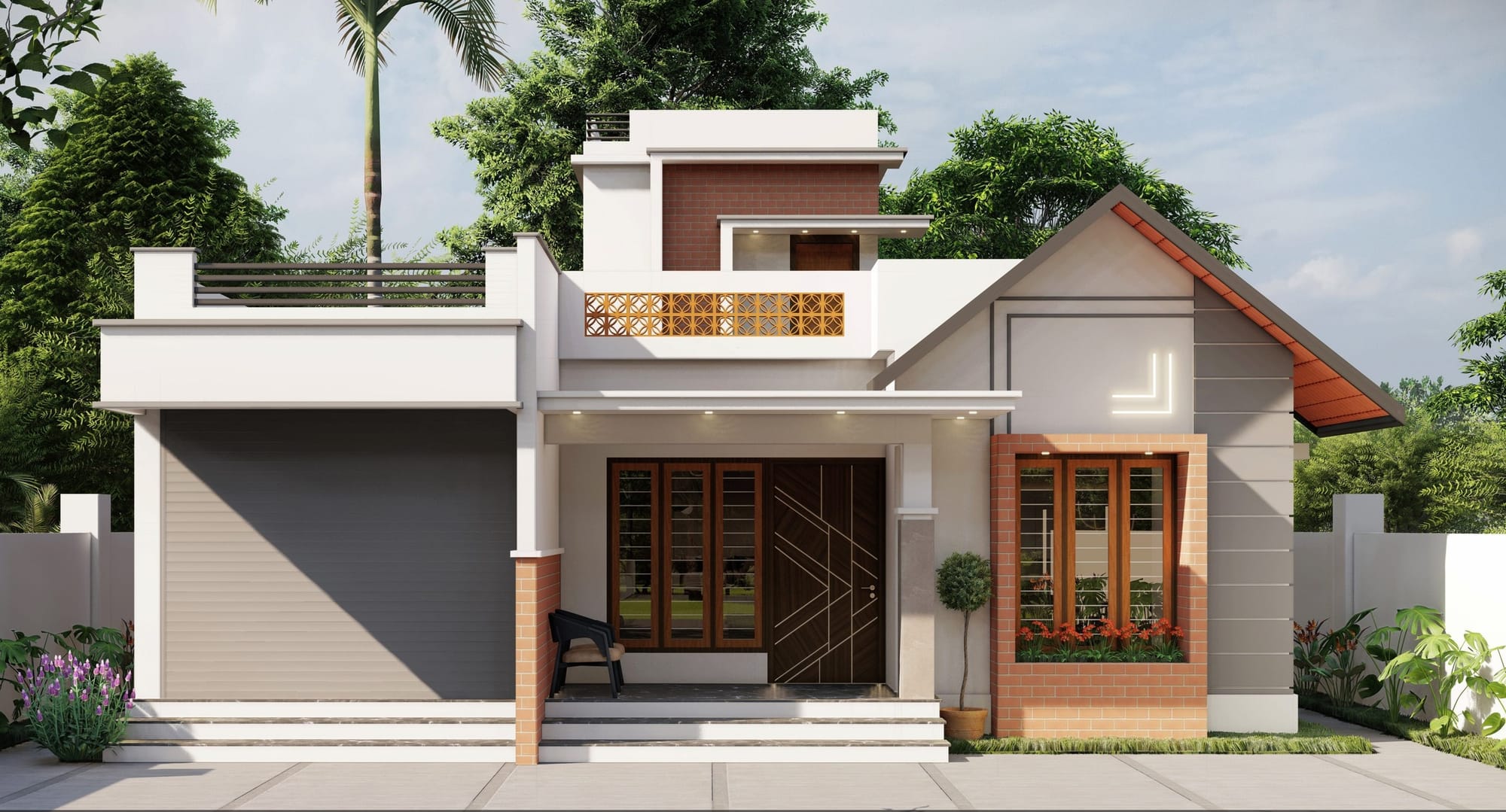 Residential design concept 04: a home with a covered veranda, adjoining garage and a pitched-roof wing to one side.