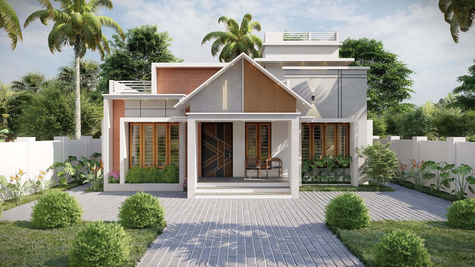 Residential design concept by Amar Realty: a symmetrical home with a gabled central porch and landscaped approach.
