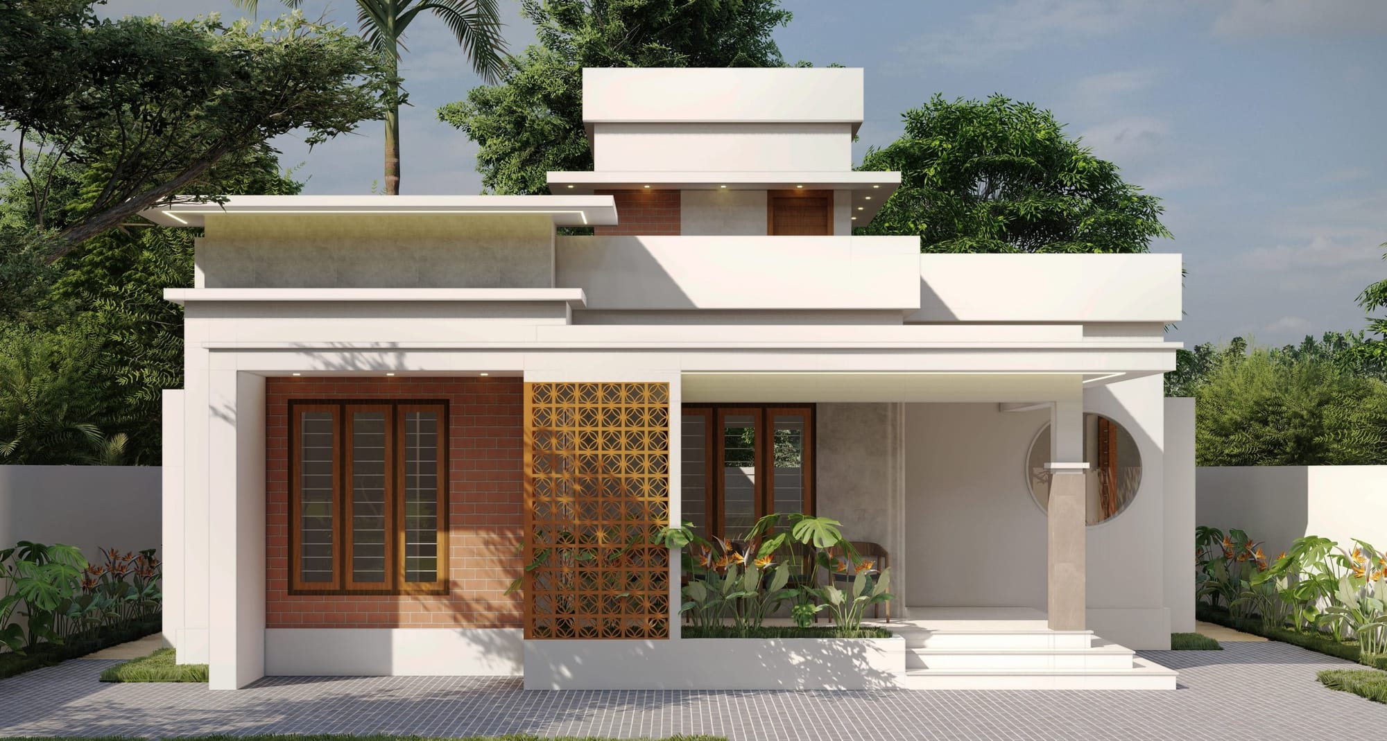 Residential design concept 06: a flat-roofed home with deep shaded terraces, a patterned screen panel and mature planting.
