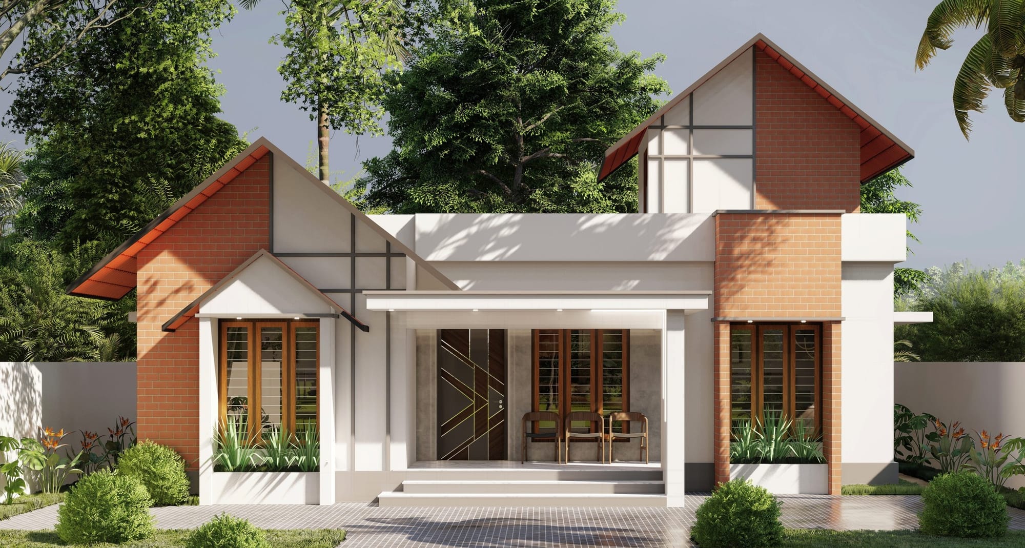 Residential design concept 07: a home with terracotta-toned pitched roofs, brick detailing and an open front veranda.