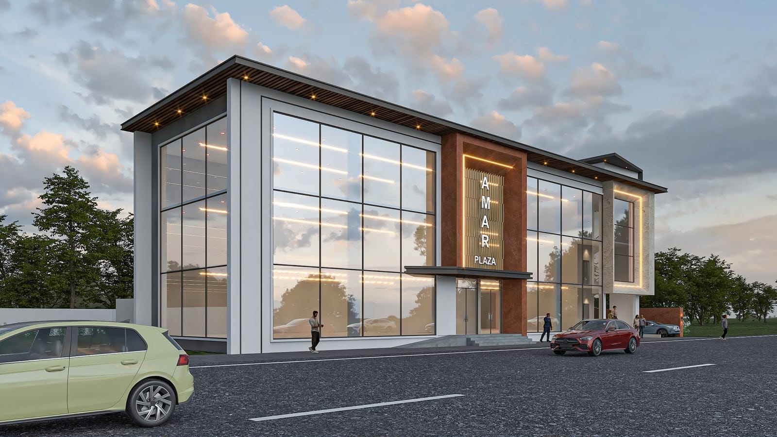 Artist's impression of Amar Plaza II at dusk, its glass frontage and lit terracotta signage facing M.V. Road