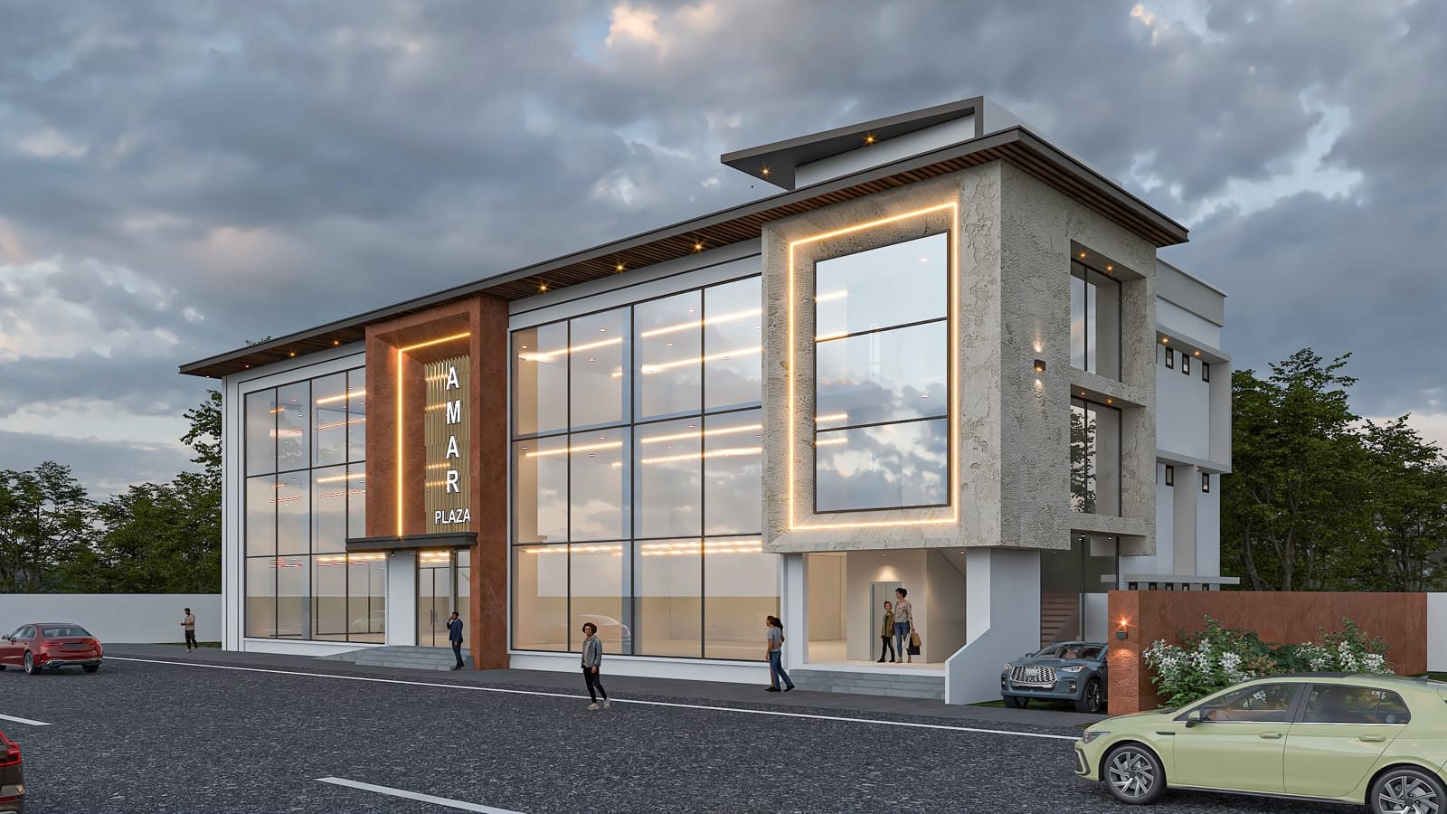 Artist's impression of Amar Plaza II seen along the street, showing its stone-clad corner volume